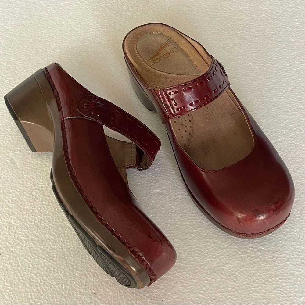 Dansko red leather slip on clogs mule Mary Jane shoes